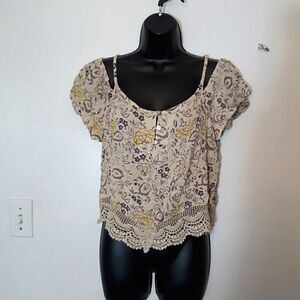 Wet Seal cream and purple floral cold shoulder top